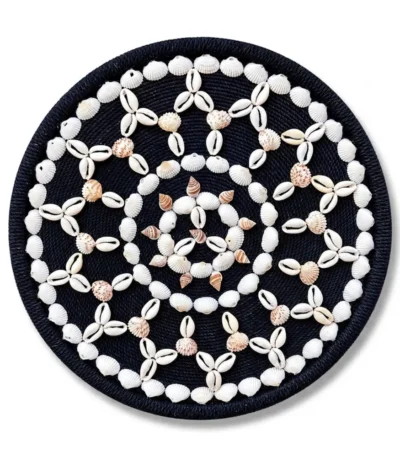 Front studio view of Cowrie and Seashell Mandala Handcrafted Round Wall Decor on a solid white background showing symmetric shell pattern on a black rope base.