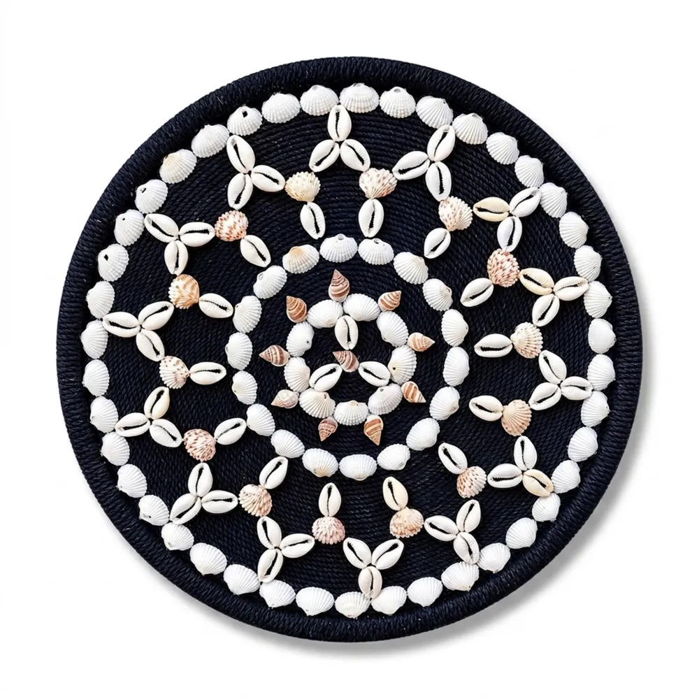 Front studio view of Cowrie and Seashell Mandala Handcrafted Round Wall Decor on a solid white background showing symmetric shell pattern on a black rope base.