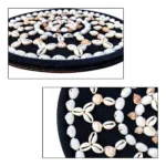 Close-up macro shots of Cowrie and Seashell Mandala Wall Decor showing detailed texture of natural shells, snails, and the wrapped black rope base.