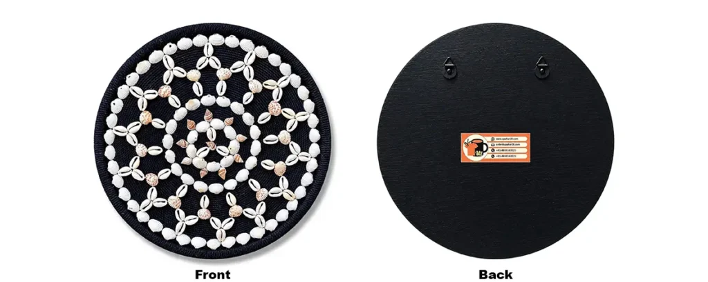 Front and back view of the round Cowrie and Seashell Mandala Wall Hanging showing the hanging brackets and official Upahar18 branding sticker.