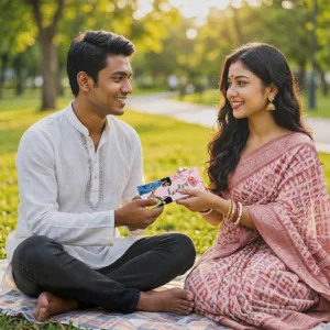 A smiling young South Asian couple sitting cross-legged on a picnic blanket in a sunlit park, where the man is presenting a customized pink KitKat chocolate bar to the woman wearing a traditional saree.