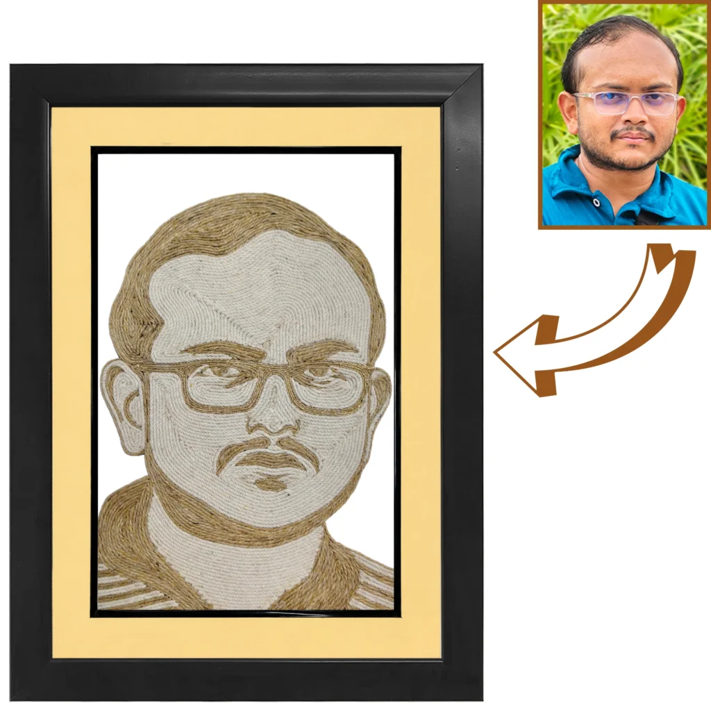 A customized professional male face rope craft portrait with spectacles and a mustache, shown with a reference arrow coming from his real photo, presented in a premium matted black frame.