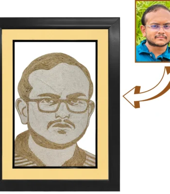 A customized professional male face rope craft portrait with spectacles and a mustache, shown with a reference arrow coming from his real photo, presented in a premium matted black frame.
