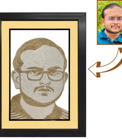 A customized professional male face rope craft portrait with spectacles and a mustache, shown with a reference arrow coming from his real photo, presented in a premium matted black frame.