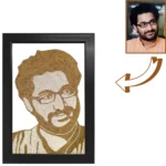A side-by-side catalog presentation of a customized male rope craft portrait with glasses and a beard, next to the original reference photo of the man, enclosed in a sleek black frame.