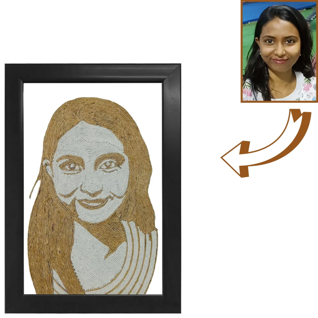 A personalized rope craft portrait of a smiling young woman with long open hair, displayed next to her original square profile photo with a directional arrow inside a black border frame.
