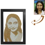 A personalized rope craft portrait of a smiling young woman with long open hair, displayed next to her original square profile photo with a directional arrow inside a black border frame.
