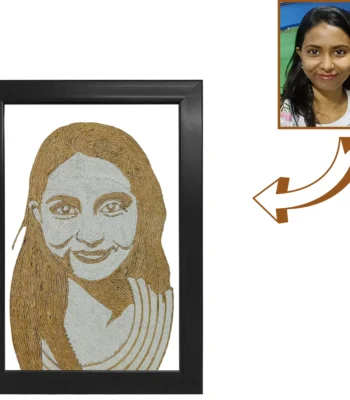A personalized rope craft portrait of a smiling young woman with long open hair, displayed next to her original square profile photo with a directional arrow inside a black border frame.