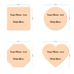 A technical size guide illustration showcasing a grid layout of four standard-sized customized fridge magnet templates on a white backdrop, detailing a square template at 70x70 mm, a circular round template at 70x70 mm, an eight-sided octagon template at 70x70 mm, and a heart-shaped template measuring 80 mm in width and 70 mm in height, featuring print placeholders by upahar18.
