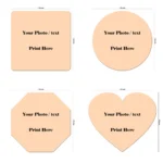 A product size guide diagram on a white background displaying a combo set of four large custom fridge magnet templates in a grid layout, including a square shape at 100x100 mm, a round shape at 100x100 mm, an octagon shape at 100x100 mm, and a heart shape measuring 100 mm in width and 90 mm in height, all containing placeholder text Your Photo text Print Here by upahar18.