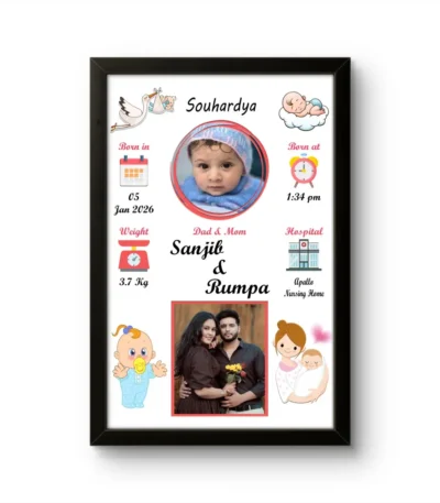Personalized baby birth details classic photo frame with newborn baby photo and cartoon graphics on white background by upahar18