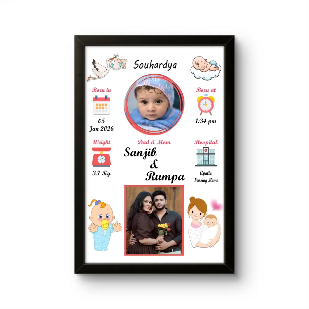 Personalized baby birth details classic photo frame with newborn baby photo and cartoon graphics on white background by upahar18