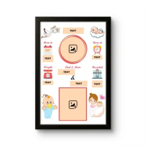 Customized baby birth details classic photo frame featuring name date time stats and a cute baby boy smiling portrait upahar18