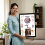 A smiling woman holding a personalized baby birth details classic photo frame design 001 by upahar18 inside a beautifully decorated home living room