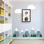 Upahar18 personalized baby birth details classic photo frame design 001 hanging on a light blue nursery wall with mountain and cloud wall stickers