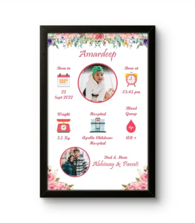 Personalized baby birth details classic photo frame with floral border newborn baby stats and parents picture by upahar18
