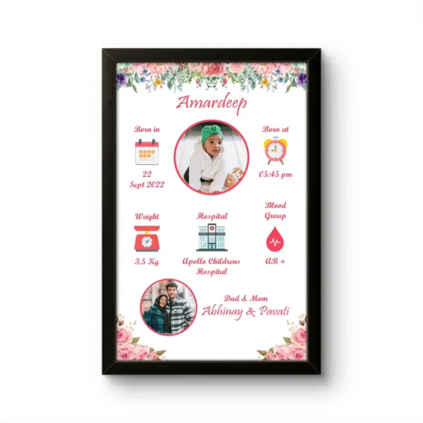 Personalized baby birth details classic photo frame with floral border newborn baby stats and parents picture by upahar18
