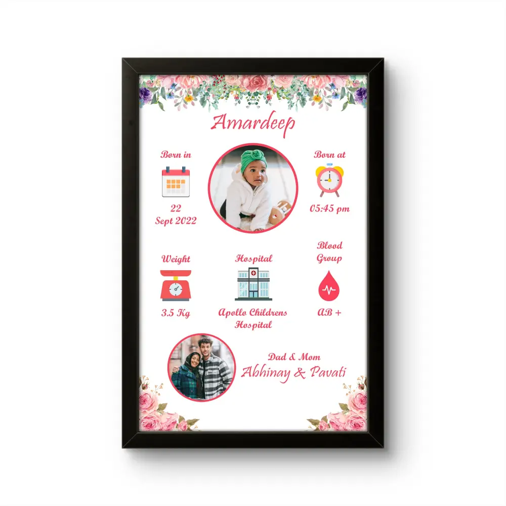 Personalized baby birth details classic photo frame with floral border newborn baby stats and parents picture by upahar18