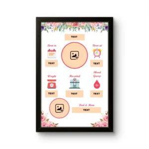 Customized baby birth details classic photo frame blank customizable layout template with black frame on white background upahar18