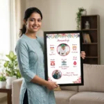 A smiling woman holding a personalized baby birth details classic photo frame design 002 by upahar18 inside a beautifully decorated home living room