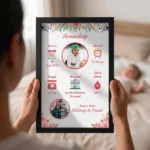 Close up real life shot of hands holding upahar18 personalized baby birth details classic photo frame design 002 with a blurred newborn baby sleeping in bed in the background