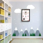 Upahar18 personalized baby birth details classic photo frame design 002 hanging on a light blue nursery wall with mountain and cloud wall stickers