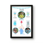 Personalized baby boy birth details classic photo frame with cute cartoon infant illustration and blue bunting flag border upahar18