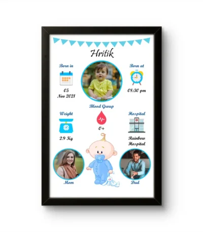 Personalized baby boy birth details classic photo frame with cute cartoon infant illustration and blue bunting flag border upahar18