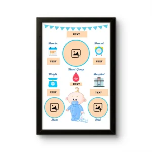 Customized baby boy birth details classic photo frame blank blue layout customizable template on white background upahar18
