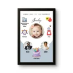 Personalized baby birth details classic photo frame with welcome to the world text cake graphics and newborn picture upahar18