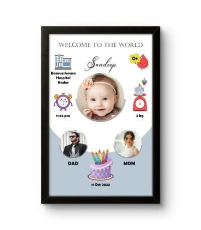 Personalized baby birth details classic photo frame with welcome to the world text cake graphics and newborn picture upahar18