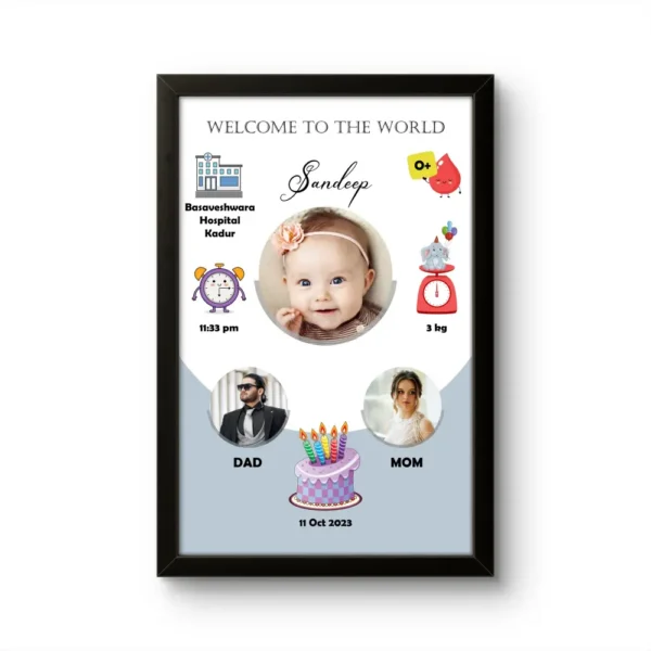 Personalized baby birth details classic photo frame with welcome to the world text cake graphics and newborn picture upahar18