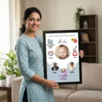 A smiling woman holding a personalized baby birth details classic photo frame design 004 by upahar18 inside a beautifully decorated home living room