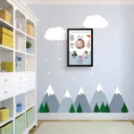 Upahar18 personalized baby birth details classic photo frame design 004 hanging on a light blue nursery wall with mountain and cloud wall stickers
