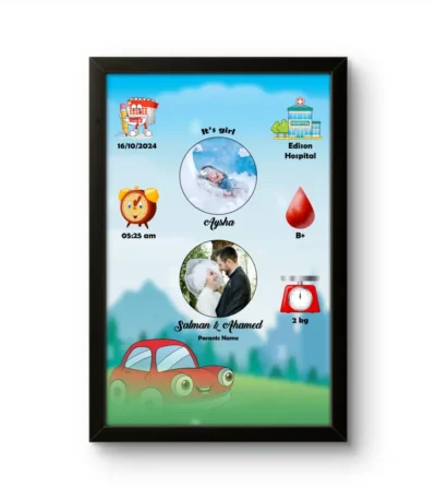 Personalized baby birth details classic photo frame with red cartoon car and nature background template by upahar18