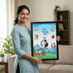 A smiling woman holding a personalized baby birth details classic photo frame design 005 by upahar18 inside a beautifully decorated home living room