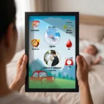 Close up real life shot of hands holding upahar18 personalized baby birth details classic photo frame design 005 with a blurred newborn baby sleeping in bed in the background