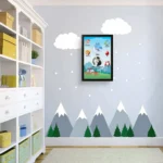 Upahar18 personalized baby birth details classic photo frame design 005 hanging on a light blue nursery wall with mountain and cloud wall stickers