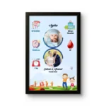 Personalized baby birth details classic photo frame with playing kids cartoon illustration on a beautiful green landscape by upahar18