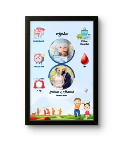 Personalized baby birth details classic photo frame with playing kids cartoon illustration on a beautiful green landscape by upahar18