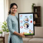 A smiling woman holding a personalized baby birth details classic photo frame design 006 by upahar18 inside a beautifully decorated home living room