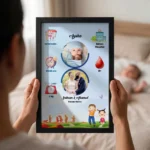 Close up real life shot of hands holding upahar18 personalized baby birth details classic photo frame design 006 with a blurred newborn baby sleeping in bed in the background