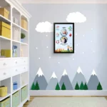 Upahar18 personalized baby birth details classic photo frame design 006 hanging on a light blue nursery wall with mountain and cloud wall stickers