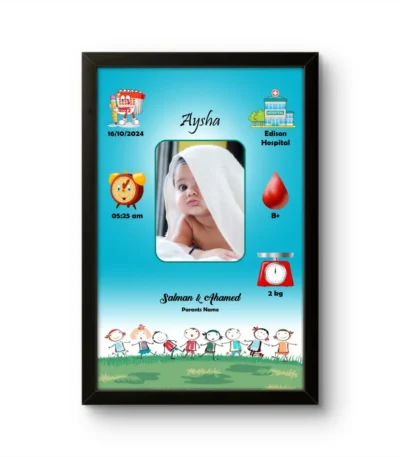 Personalized baby birth details classic photo frame with vertical rectangle layout and cute kids holding hands cartoon background upahar18
