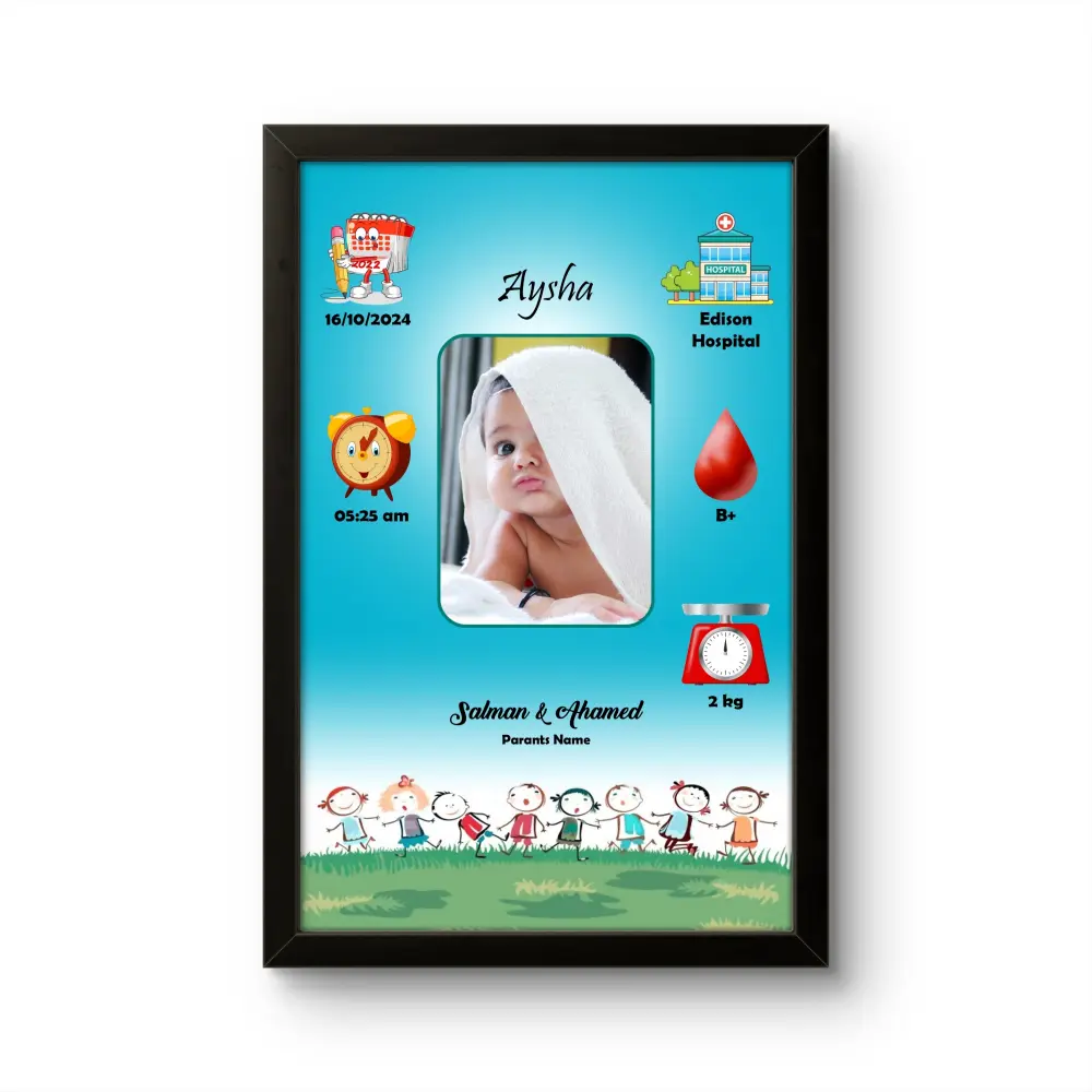 Personalized baby birth details classic photo frame with vertical rectangle layout and cute kids holding hands cartoon background upahar18