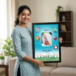 A smiling woman holding a personalized baby birth details classic photo frame design 007 by upahar18 inside a beautifully decorated home living room