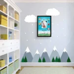 Upahar18 personalized baby birth details classic photo frame design 007 hanging on a light blue nursery wall with mountain and cloud wall stickers