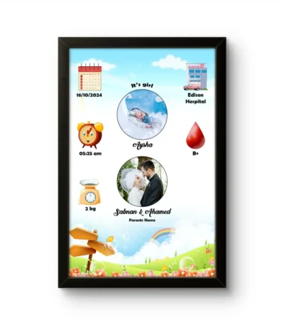 Personalized baby birth details classic photo frame with rainbow landscape wooden signpost background template by upahar18