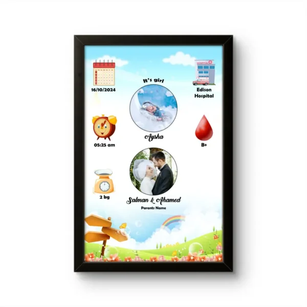 Personalized baby birth details classic photo frame with rainbow landscape wooden signpost background template by upahar18