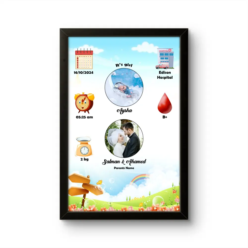 Personalized baby birth details classic photo frame with rainbow landscape wooden signpost background template by upahar18